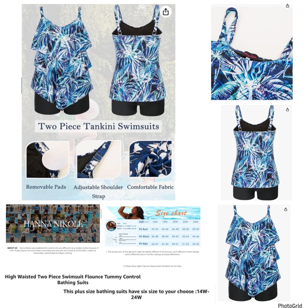 Hanna Nikole 16W plus size blue tropical two pieces Tankini swimsuit NWT